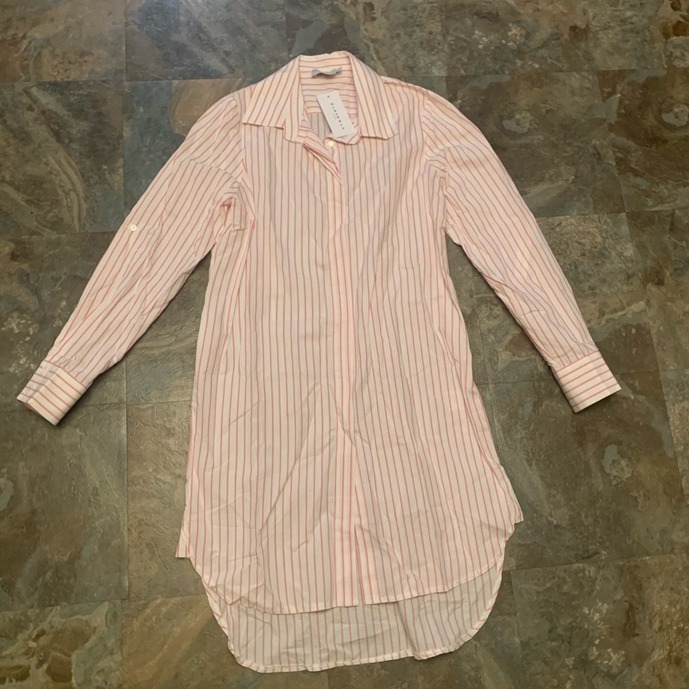 Pink and white striped Harshman shirt dress, size L. NWT.